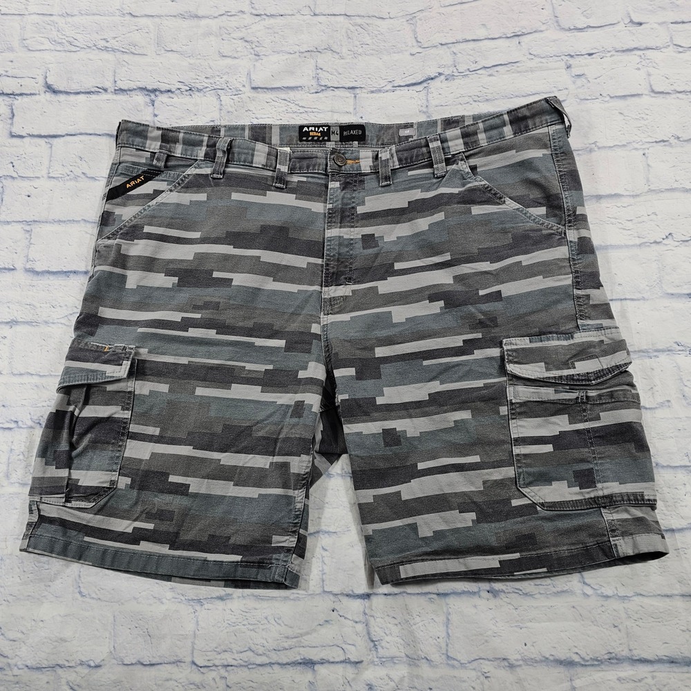 Ariat Rebar M4 Cargo Shorts Mens 48 Grey Digital Camo Relaxed Stretch Workwear